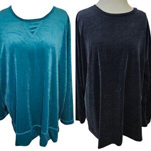 2 Woman Within 1X Velour Tops Long Sleeve Soft Stretch Shirt Black Green Holiday